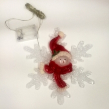 Светодиодная снежиночка со снеговиком красная